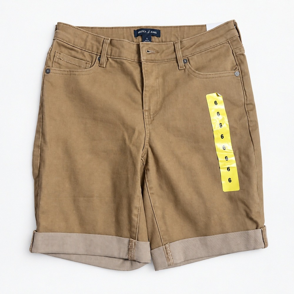 Nautica Jeans Co Womens Khaki Tan Cuffed Denim Shorts Size 6 NWT